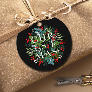 Étiquettes Cadeau Typographie de NOËL Verdure Baies Noir