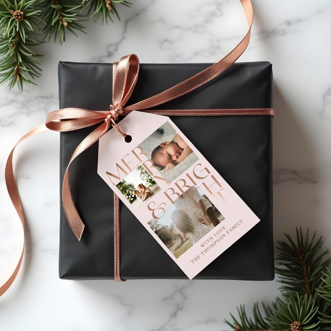 Étiquettes-cadeau Typographie moderne Joyeux brillant Gras 3 Photo R (Modern Merry Bright Bold Typography 3 Photo Pink Gift Tags)