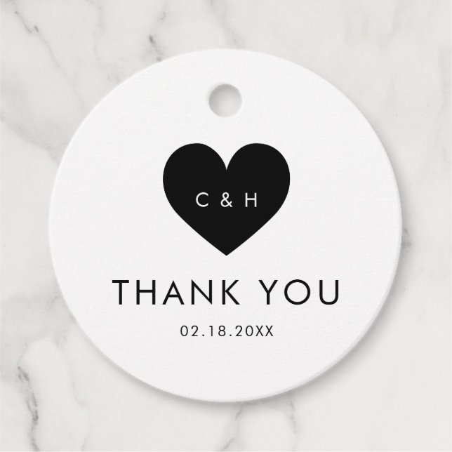 Étiquettes Cadeau Typographie simple Noir Coeur Mariage Monogramme (Devant)
