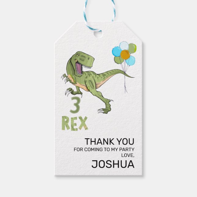 Étiquettes-cadeau Tyrannosaurus Trois Rex Dino 3e anniversaire (Devant)