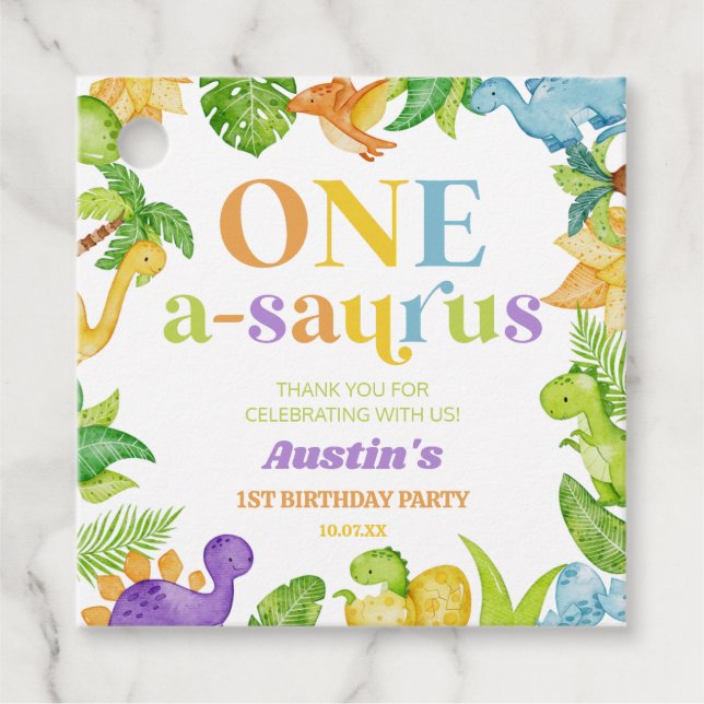 Étiquettes Cadeau Un A-Saurus Dinosaur 1ère fête d'anniversaire (Devant)