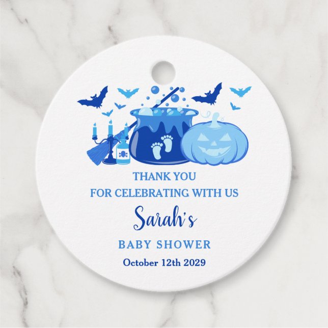 Étiquettes Cadeau Un bébé brasse le Baby shower d'Halloween bleu (Devant)