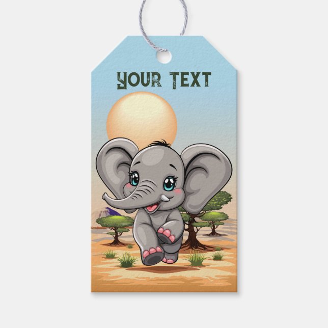 Étiquettes-cadeau Un bébé éléphant qui sonne heureux dans la savane  (Devant)