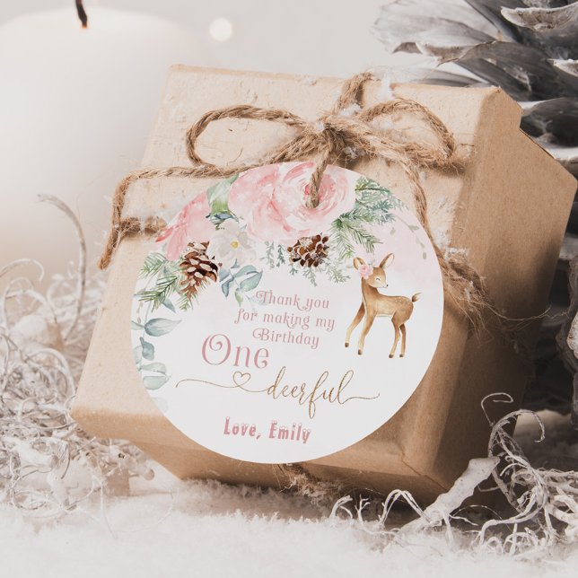 Étiquettes Cadeau Un cerf rosé d'hiver rose vif 1ère fille anniversa (Créateur téléchargé)