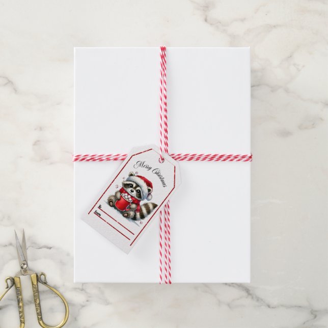Étiquettes-cadeau Un joli raton laveur dégustant cacao et Noël ! (Avec de la ficelle)