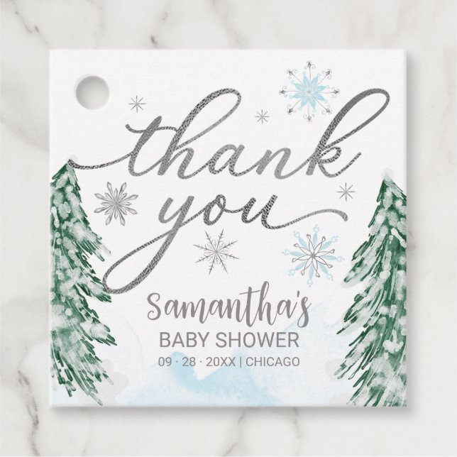Étiquettes Cadeau Un petit Baby shower à flocons Merci bleu (Devant)