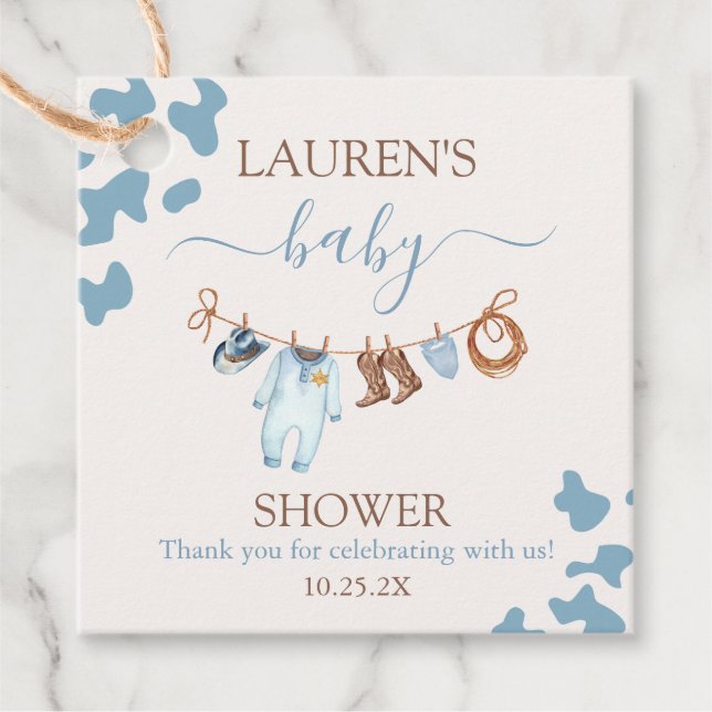 Étiquettes Cadeau Un petit Baby shower bleu cowboy (Devant)