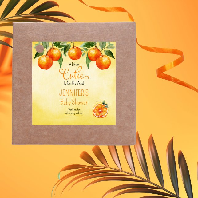 Étiquettes Cadeau Un petit Baby shower d'aquarelle Citrus Cutie ("A Little Cutie Is On The Way!" Orange Clementine Citrus-Themed Baby Shower Favor Tag)