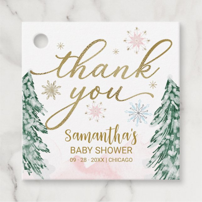 Étiquettes Cadeau Un petit Baby shower de flocon rose Merci (Devant)