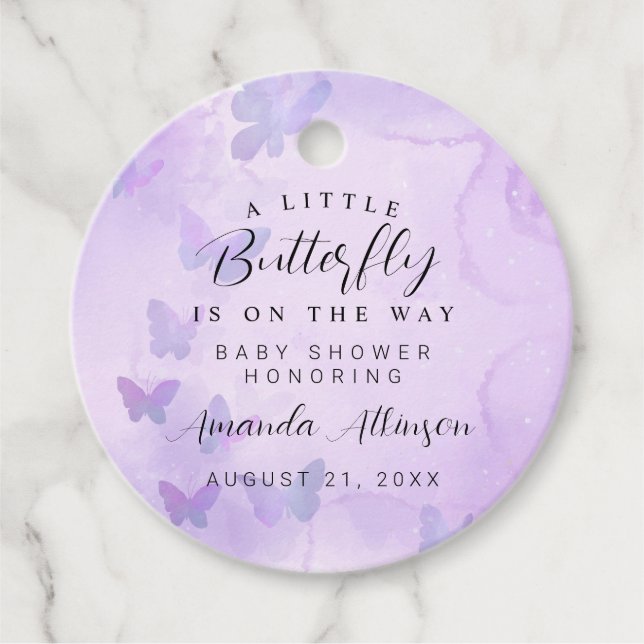 Étiquettes Cadeau Un petit Baby shower pourpre à papillon (Devant)