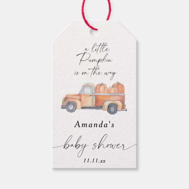 Étiquettes-cadeau "Un petit citrouille est en route" baby shower d'a (Devant)