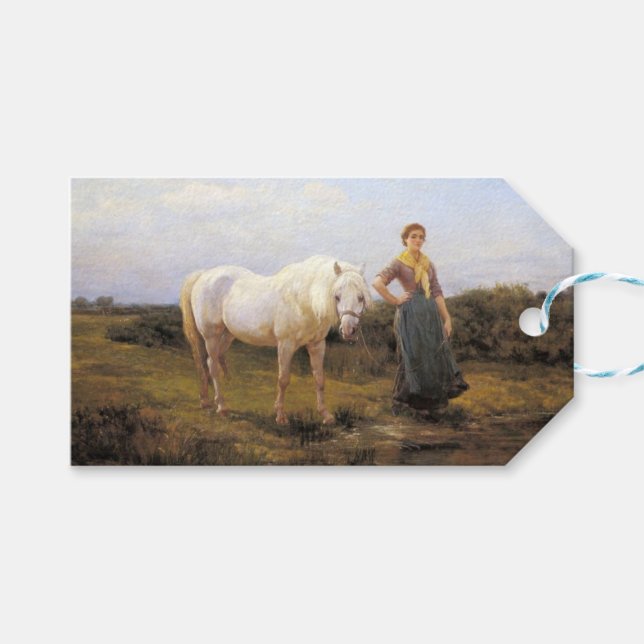 Étiquettes-cadeau Une femme de la campagne prend un cheval à l'eau (Devant (Horizontal))