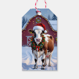 Étiquettes-cadeau Une vache festive à Santa Hat Pays Noël