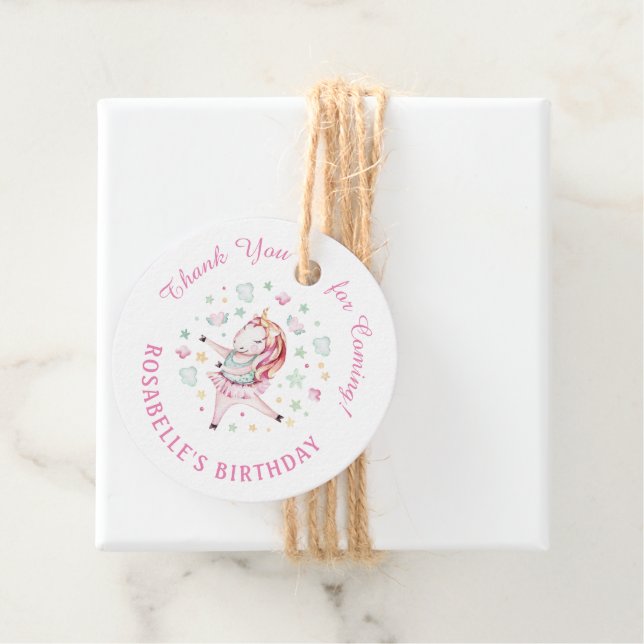 Étiquettes Cadeau Unicorn rose Ballerina Merci fête d'anniversaire (En situation)