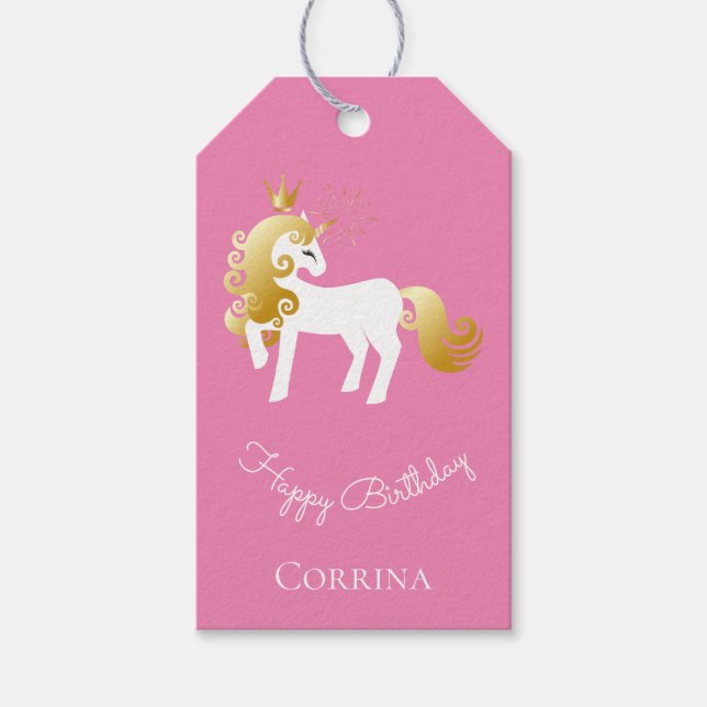 Étiquettes-cadeau Unicorne blanche rose or (Devant)