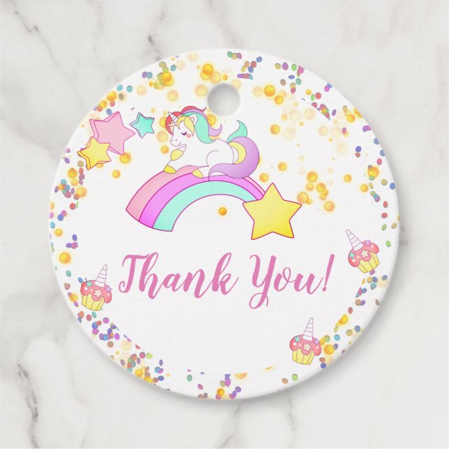 Étiquettes Cadeau Unicorne, Étoiles étincelantes, Cupcakes et Confet (Devant)