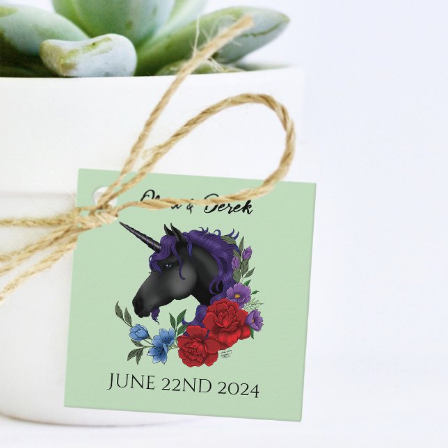 Étiquettes Cadeau Unicorne noire violet Fleurs de Sage Rouge (Créateur téléchargé)