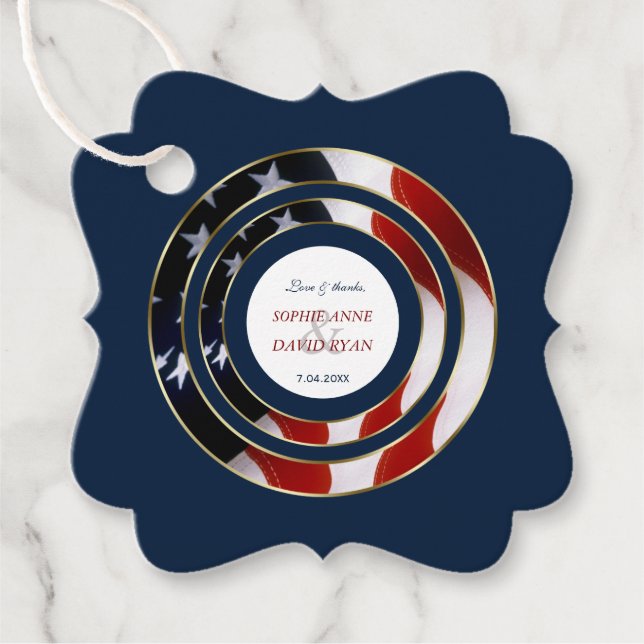 Étiquettes Cadeau Unique Patriotique Élégant USA Mariage or drapeau (Devant)