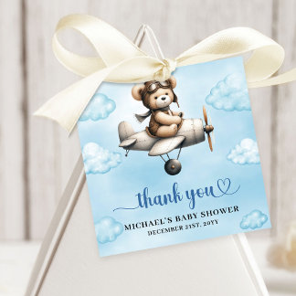 Étiquettes Cadeau Unique Teddy Bear Pilot Airplane Blue Brown Baby