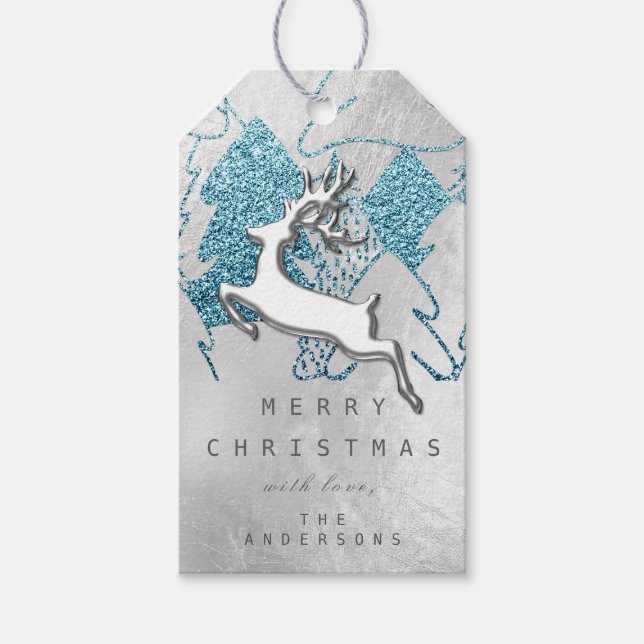 Étiquettes-cadeau Vacances Argent Bleu Gris Reindeer de Noël 3D (Devant)