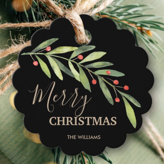 Étiquettes Cadeau Vacances Berries vertes (Greenery branch and berries Merry Christmas black gift/favor tags personalized with your names)