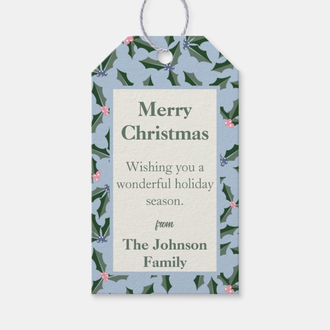 Étiquettes-cadeau Vacances Blue et Green Holly (Devant)