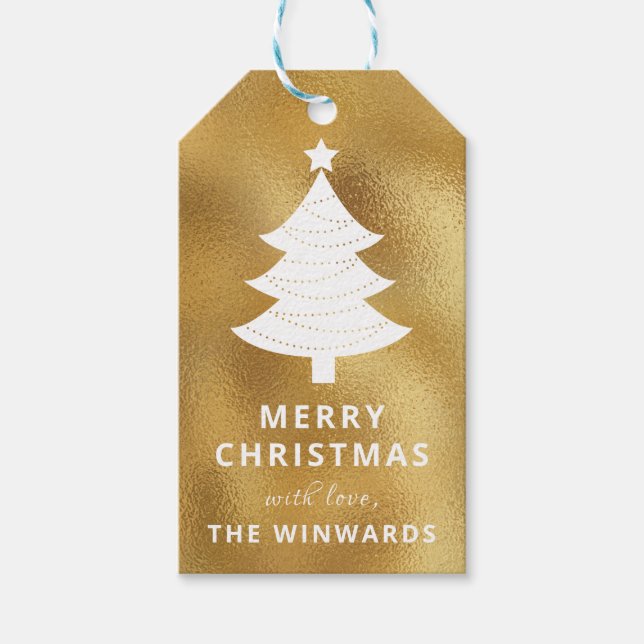 Étiquettes-cadeau Vacances Gold Foil & White Christmas Tree (Devant)