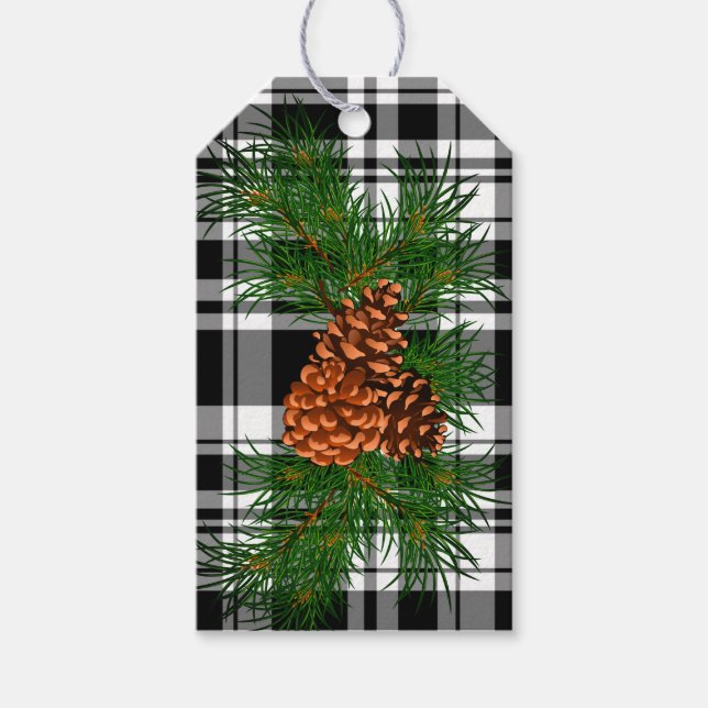 Étiquettes-cadeau Vacances noir blanc Plaid avec détail cône de pin (Devant)