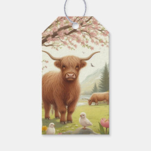 Étiquettes-cadeau Vache des hautes terres mignonne, florale/printani
