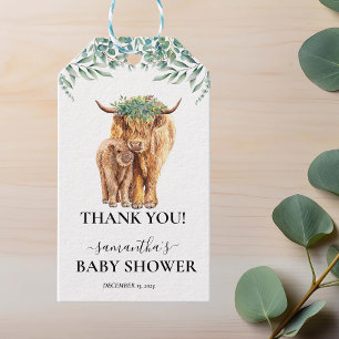 Étiquettes-cadeau Vache des Highlands Veau Baby Shower Eucalyptus