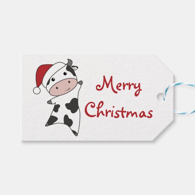 Étiquettes-cadeau Vache Joyeux Noël Animaux d'hiver Vaches Camionneu (Devant (Horizontal))