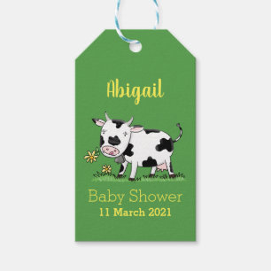 Étiquettes-cadeau Vache mignonne en vert dessin animé sur le terrain