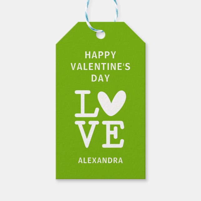 Étiquettes-cadeau Valentine vert et blanc coeur d'amour personnalisé (Devant)