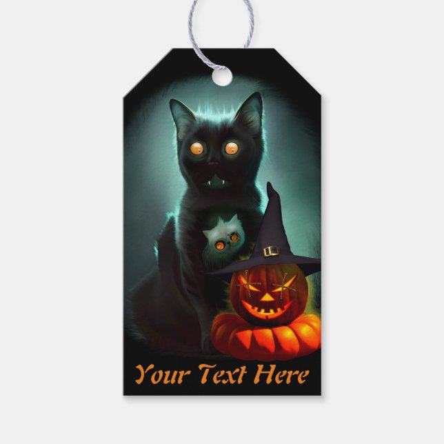 Étiquettes-cadeau Vampire Chat et Assistant Citrouille Halloween Sur (Devant)