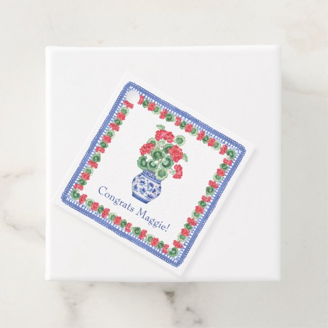 Étiquettes Cadeau Vase de Chinoiserie des Geraniums rouges (En situation)