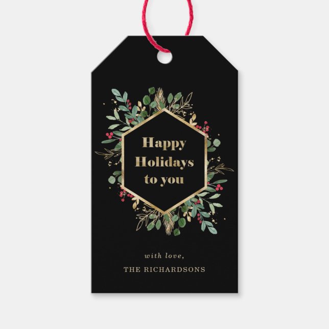 Étiquettes-cadeau Végétation dorée de Noël en noir | Vacances (Devant)
