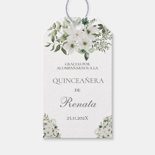 Étiquettes-cadeau Végétation et Quinceanera Blanche Floral (Devant)