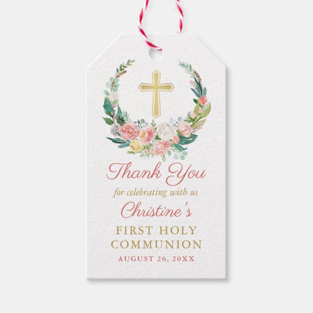 Étiquettes-cadeau Végétation florale rose Première communion sainte (Devant)