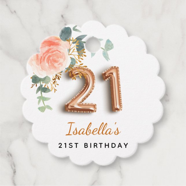 Étiquettes Cadeau Végétation rose or fleurie 21e anniversaire (Devant)