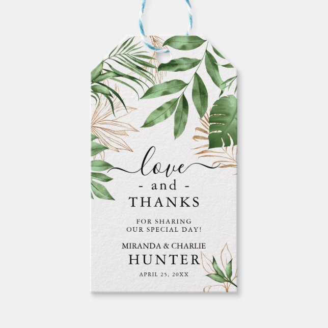 Étiquettes-cadeau Végétation tropicale & Gold Mariage Aimer & Merci (Devant)
