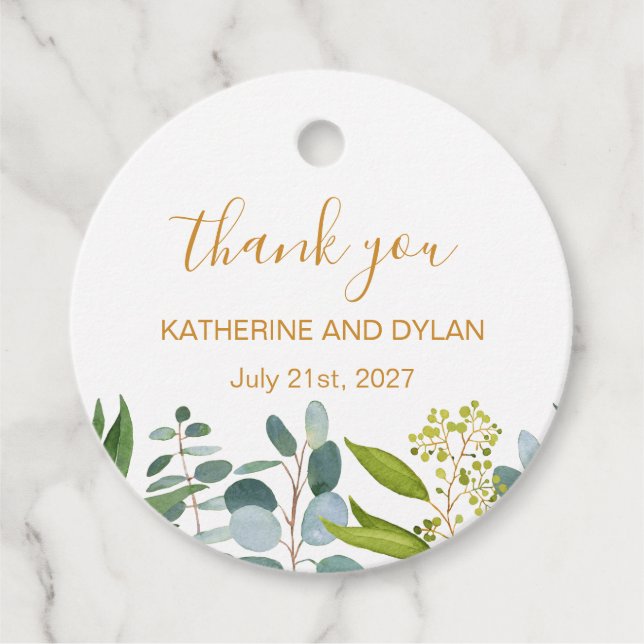 Étiquettes Cadeau Verdure aquarelle, feuilles eucalyptus (Devant)