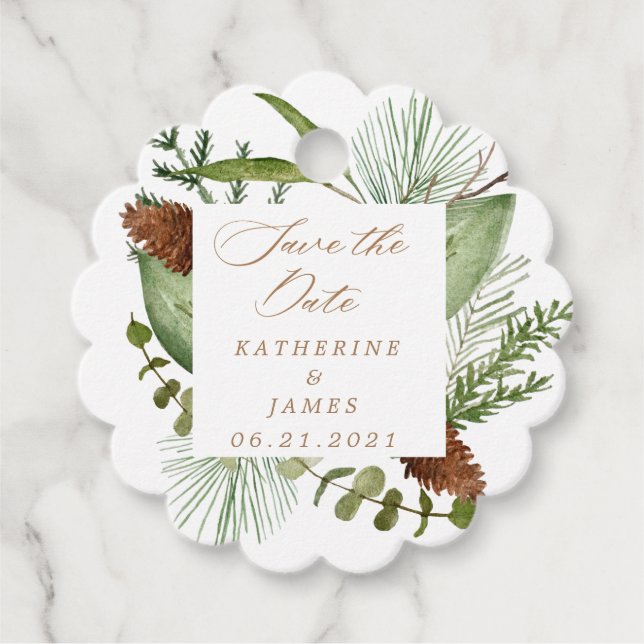 Étiquettes Cadeau verdure d'hiver élégant enregistrer la date (Devant)