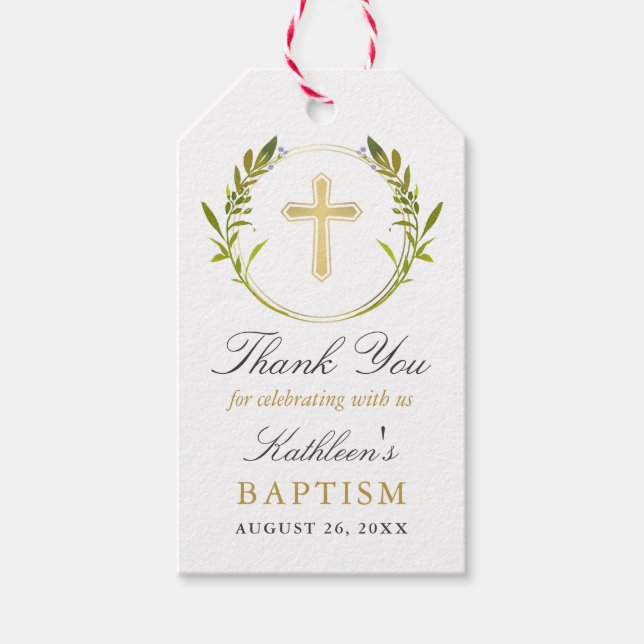 Étiquettes-cadeau Verdure Wreath Gold Cross Girl Baptism (Devant)