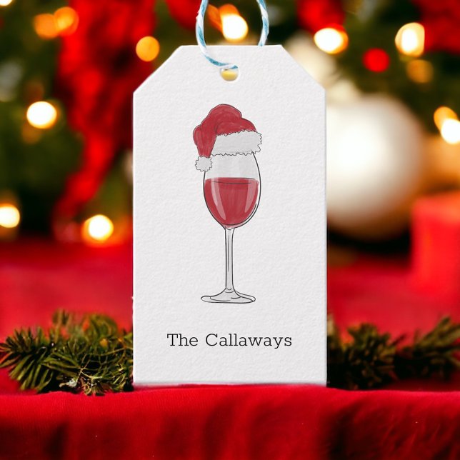 Étiquettes-cadeau Verre de vin de Santa Hat Fête de vacances personn (Créateur téléchargé)