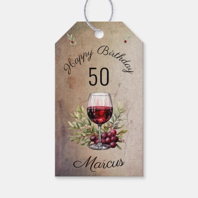 Étiquettes-cadeau Verre rouge Olive Aquarelle 50e anniversaire (Devant)