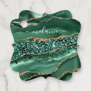 Étiquettes Cadeau Vert Agate Or Pailleté Marbre Géode Nom Personnali