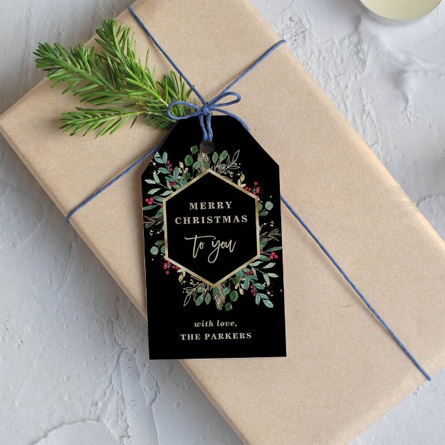 Étiquettes-cadeau Vert doré sur noir | Joyeux Noël (Créateur téléchargé)