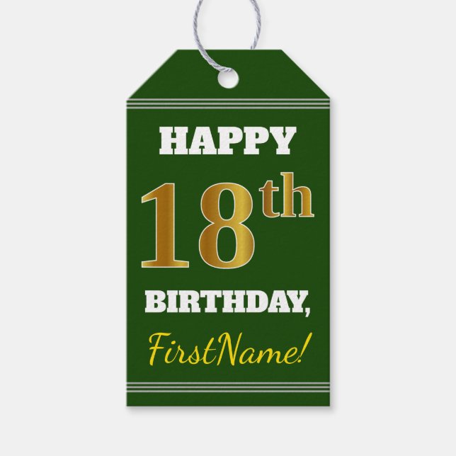 Étiquettes-cadeau Vert, Faux Gold 18e anniversaire + Nom personnalis (Devant)