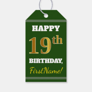 Étiquettes-cadeau Vert, Faux Gold 19e anniversaire + Nom personnalis