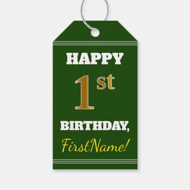 Étiquettes-cadeau Vert, Faux Gold 1er anniversaire + Nom personnalis (Devant)